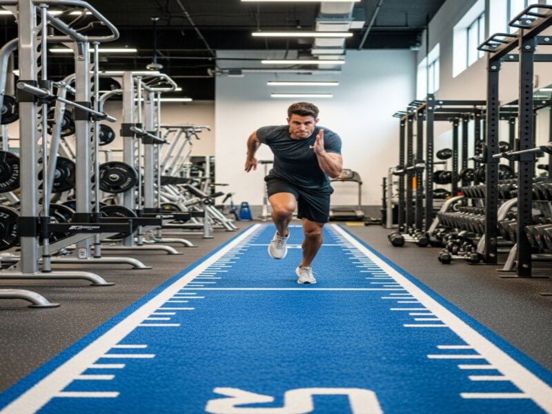 A cleaning machine being used on a large green gym turf area